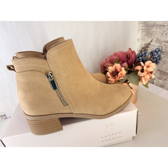 NEW LC LAUREN CONRAD BLOCK HEEL ANKLE BOOTS Women's Size 7.5 TAN FAUX SUEDE - Picture 7 of 15